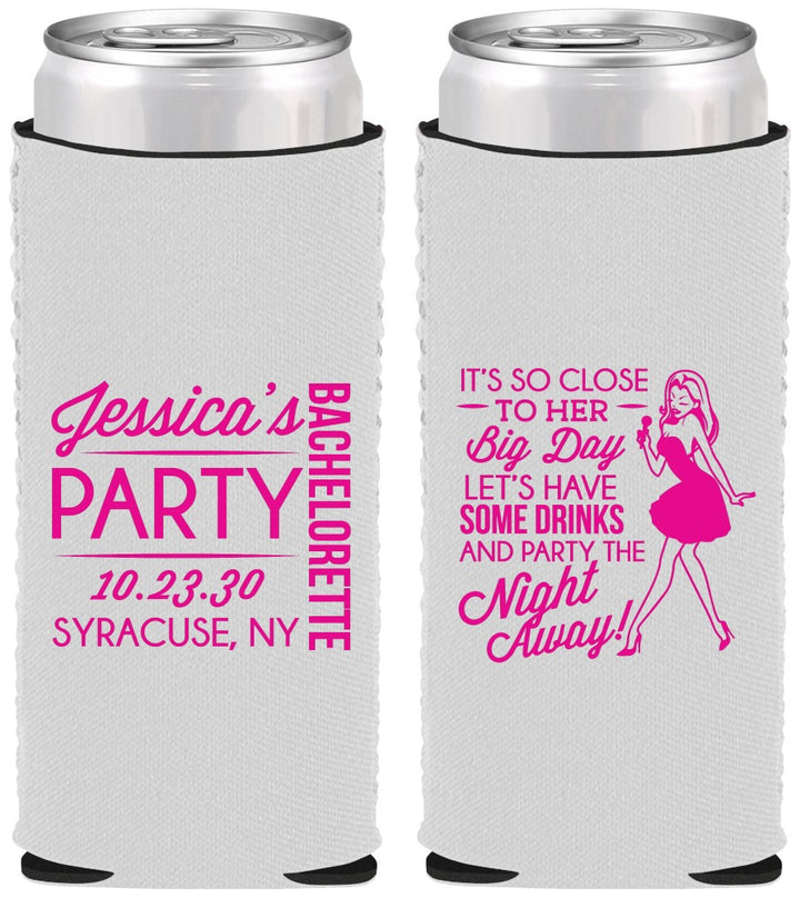 Custom Bachelorette Neoprene Slim Can Coolers - Drink The Night Away | 60182