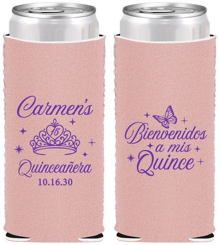 Custom Quinceanera Neoprene Slim Can Coolers - Bienvenidos A Mis Quince | 70005