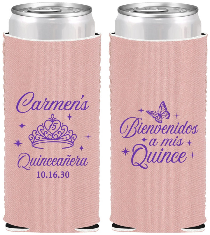 Custom Quinceanera Neoprene Slim Can Coolers - Bienvenidos A Mis Quince | 70005