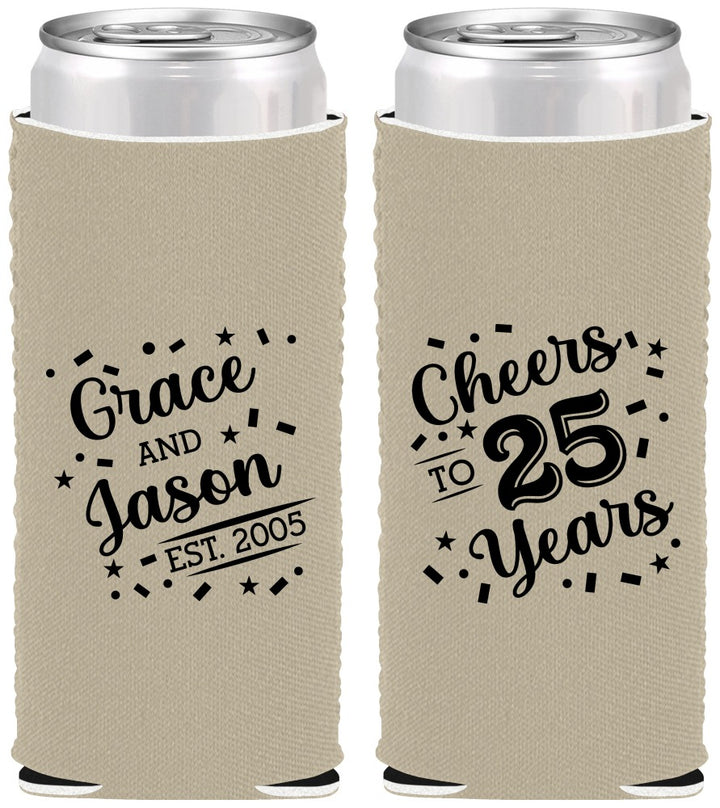 Custom Anniversary Neoprene Slim Can Coolers - Cheers To 25 Years | 80012