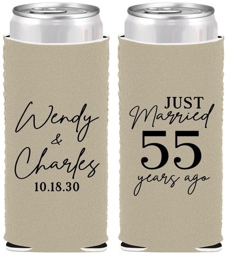 Custom Anniversary Neoprene Slim Can Coolers - Just Married 55 Years Ago | 80028