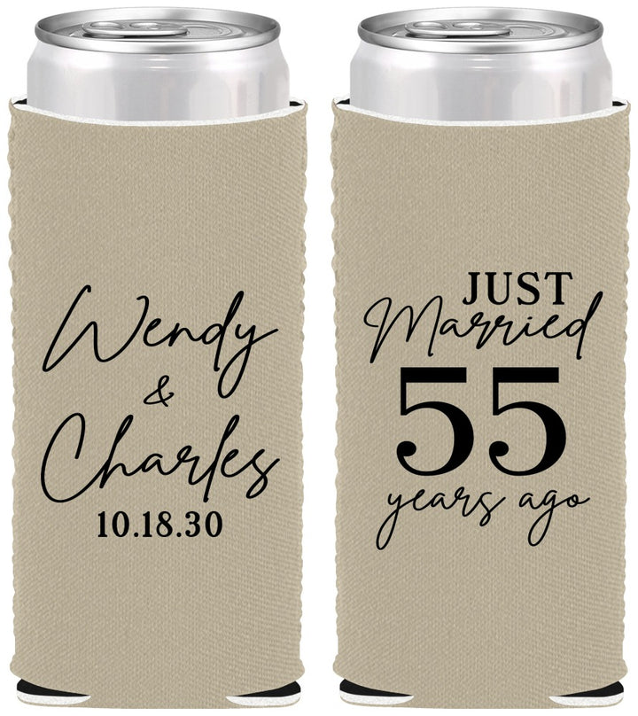 Custom Anniversary Neoprene Slim Can Coolers - Just Married 55 Years Ago | 80028