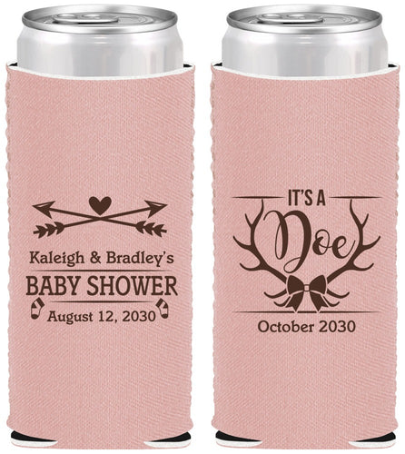Custom Baby Shower Neoprene Slim Can Coolers - It’s A Doe Antler | 90001