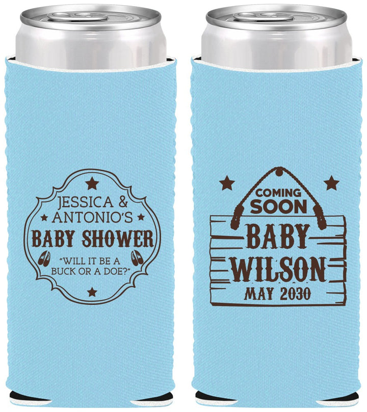 Custom Baby Shower Neoprene Slim Can Coolers - Gender Reveal Buck Or Doe | 90002