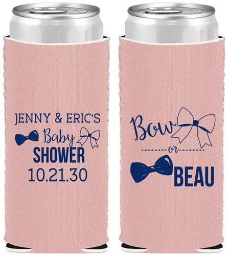 Custom Baby Shower Neoprene Slim Can Coolers - Gender Reveal Bow Or Beau | 90004