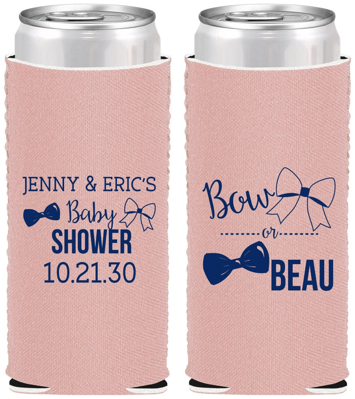 Custom Baby Shower Neoprene Slim Can Coolers - Gender Reveal Bow Or Beau | 90004