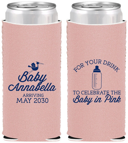 Custom Baby Shower Neoprene Slim Can Coolers - Drink Baby In Pink | 90014