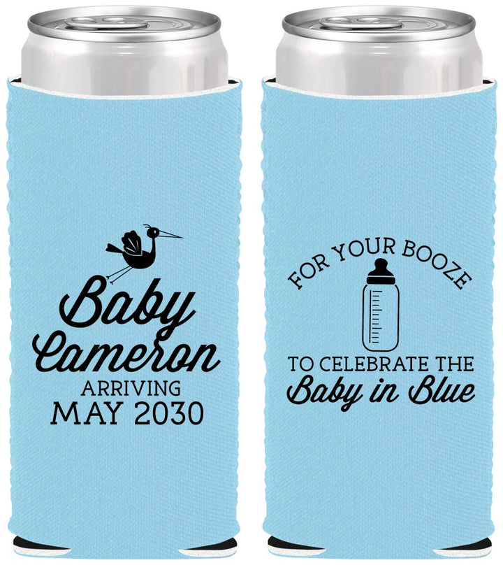 Custom Baby Shower Neoprene Slim Can Coolers - Booze Baby In Blue | 90015