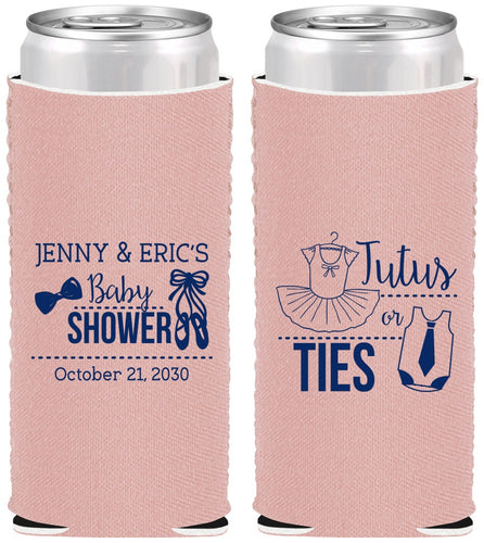 Custom Baby Shower Neoprene Slim Can Coolers - Gender Reveal Tutus Or Ties | 90033