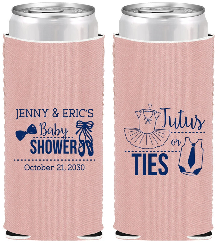 Custom Baby Shower Neoprene Slim Can Coolers - Gender Reveal Tutus Or Ties | 90033
