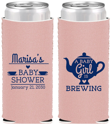 Custom Baby Shower Neoprene Slim Can Coolers - Baby Girl Is Brewing | 90034