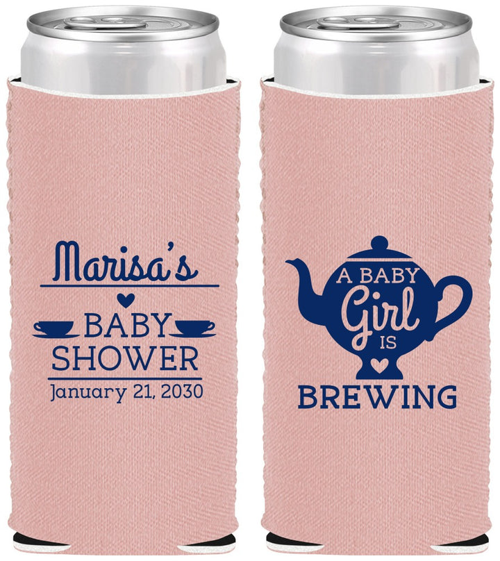 Custom Baby Shower Neoprene Slim Can Coolers - Baby Girl Is Brewing | 90034