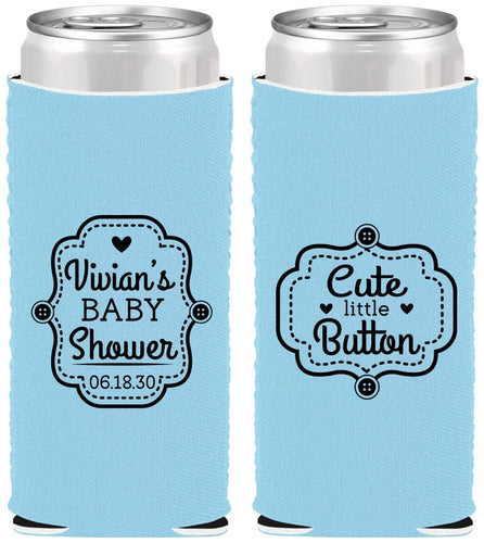 Custom Baby Shower Neoprene Slim Can Coolers - Cute Little Button | 90035
