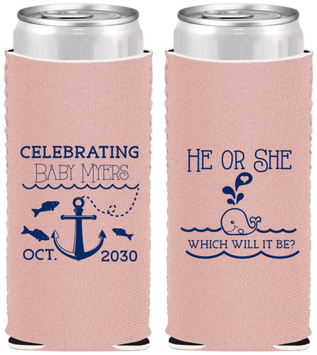 Custom Baby Shower Neoprene Slim Can Coolers - Gender Reveal Whale | 90053