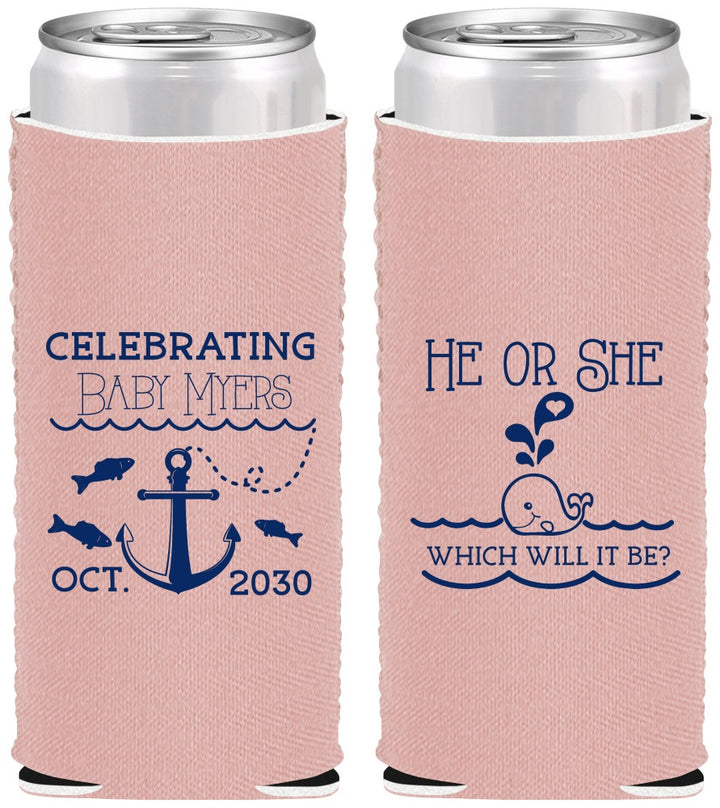 Custom Baby Shower Neoprene Slim Can Coolers - Gender Reveal Whale | 90053