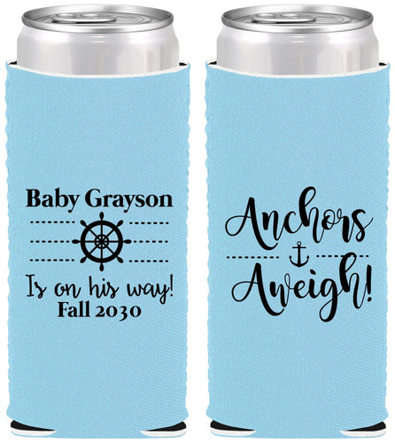 Custom Baby Shower Neoprene Slim Can Coolers - Nautical Anchors Aweigh | 90054