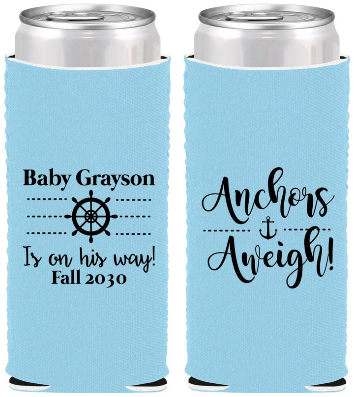 Custom Baby Shower Neoprene Slim Can Coolers - Nautical Anchors Aweigh | 90054