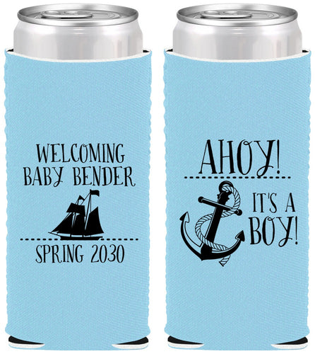 Custom Baby Shower Neoprene Slim Can Coolers - Nautical Ahoy It’s A Boy | 90055