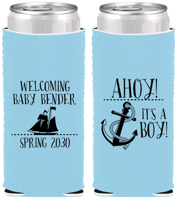 Custom Baby Shower Neoprene Slim Can Coolers - Nautical Ahoy It’s A Boy | 90055