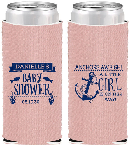 Custom Baby Shower Neoprene Slim Can Coolers - Anchors Aweigh Little Girl | 90056