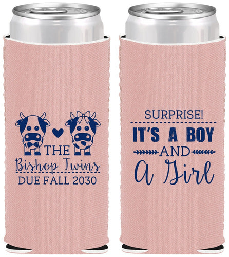 Custom Baby Shower Neoprene Slim Can Coolers - Twins Baby Cows | 90067