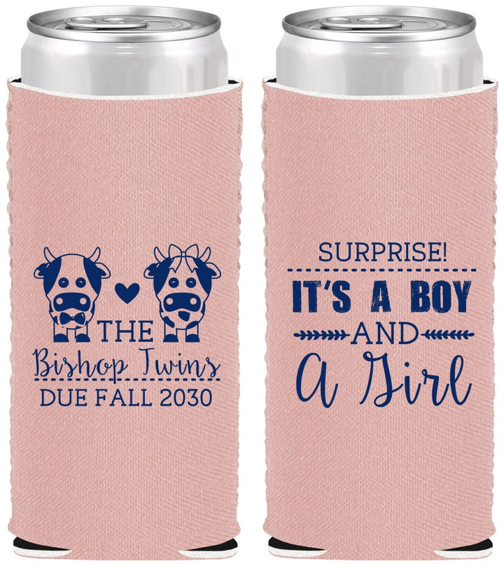Custom Baby Shower Neoprene Slim Can Coolers - Twins Baby Cows | 90067
