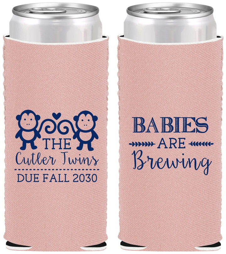 Custom Baby Shower Neoprene Slim Can Coolers - Twins Baby Monkeys | 90068