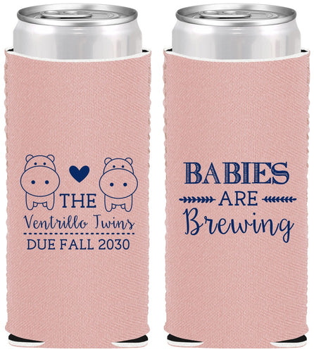 Custom Baby Shower Neoprene Slim Can Coolers - Twins Baby Hippos | 90069
