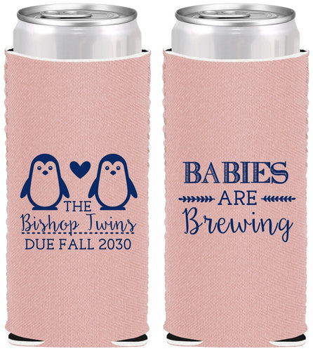 Custom Baby Shower Neoprene Slim Can Coolers - Twins Baby Penguins | 90070