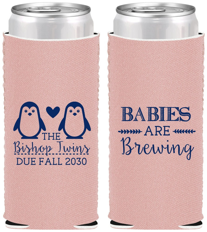 Custom Baby Shower Neoprene Slim Can Coolers - Twins Baby Penguins | 90070