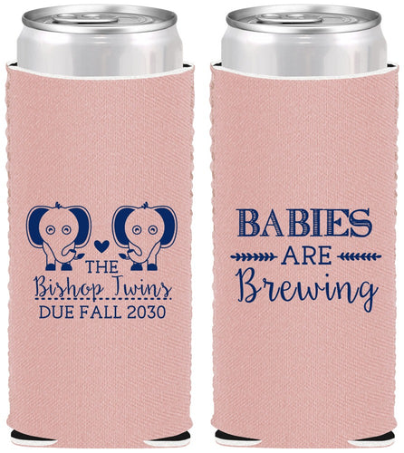 Custom Baby Shower Neoprene Slim Can Coolers - Twins Baby Elephant | 90071