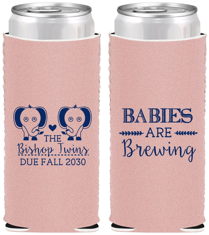 Custom Baby Shower Neoprene Slim Can Coolers - Twins Baby Elephant | 90071