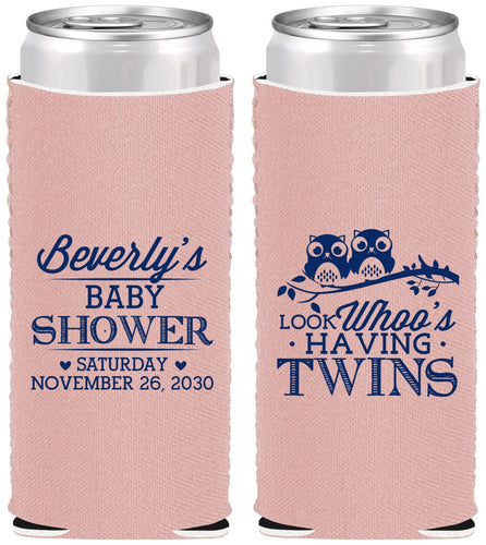 Custom Baby Shower Neoprene Slim Can Coolers - Twins Baby Owls | 90074