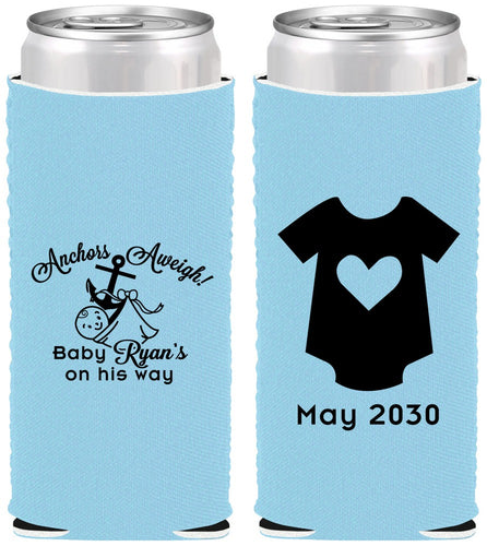 Custom Baby Shower Neoprene Slim Can Coolers - Nautical Anchors Aweigh | 90083