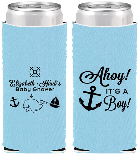 Custom Baby Shower Neoprene Slim Can Coolers - Nautical Ahoy It’s A Boy | 90093