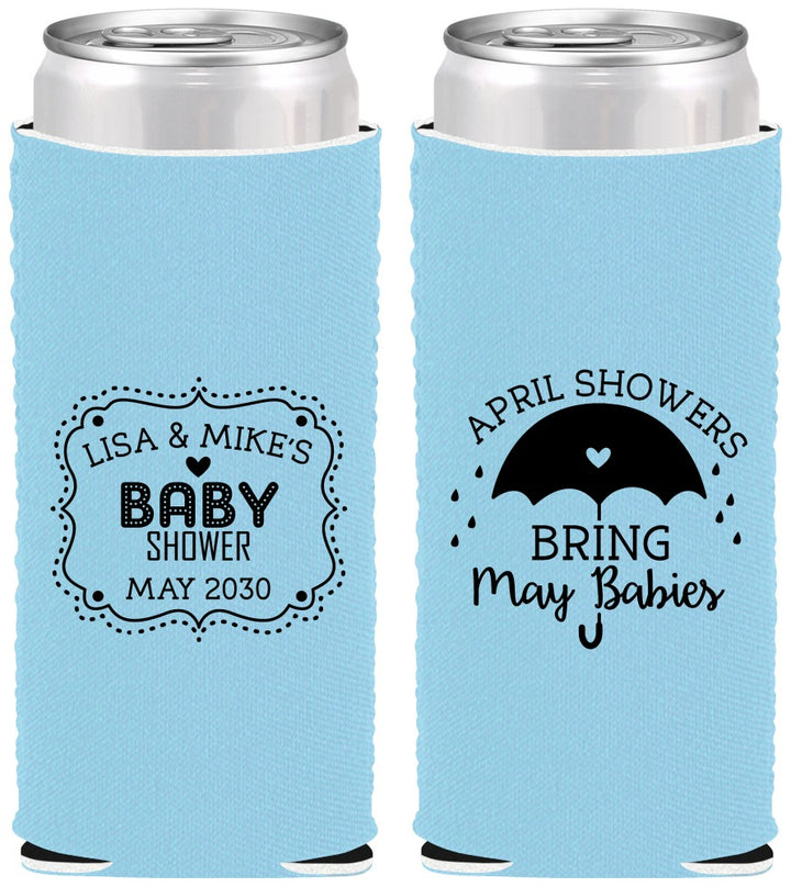 Custom Baby Shower Neoprene Slim Can Coolers - April Showers May Babies | 90096