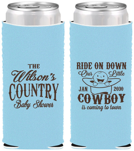 Custom Baby Shower Neoprene Slim Can Coolers - Cowboy Coming To Town | 90105