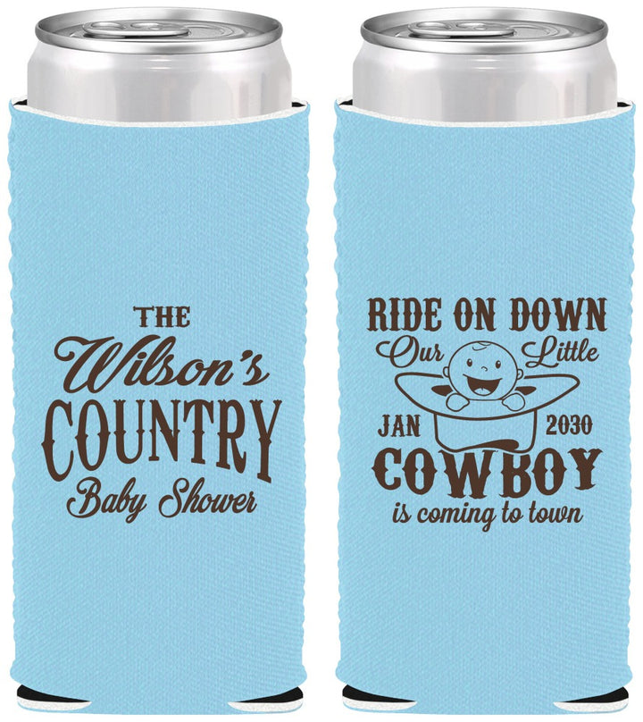 Custom Baby Shower Neoprene Slim Can Coolers - Cowboy Coming To Town | 90105