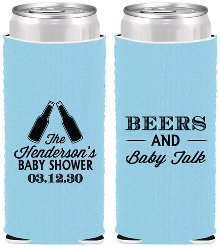 Custom Baby Shower Neoprene Slim Can Coolers - Beers And Baby Talk | 90117