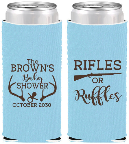 Custom Baby Shower Neoprene Slim Can Coolers - Rifles Or Ruffles | 90122