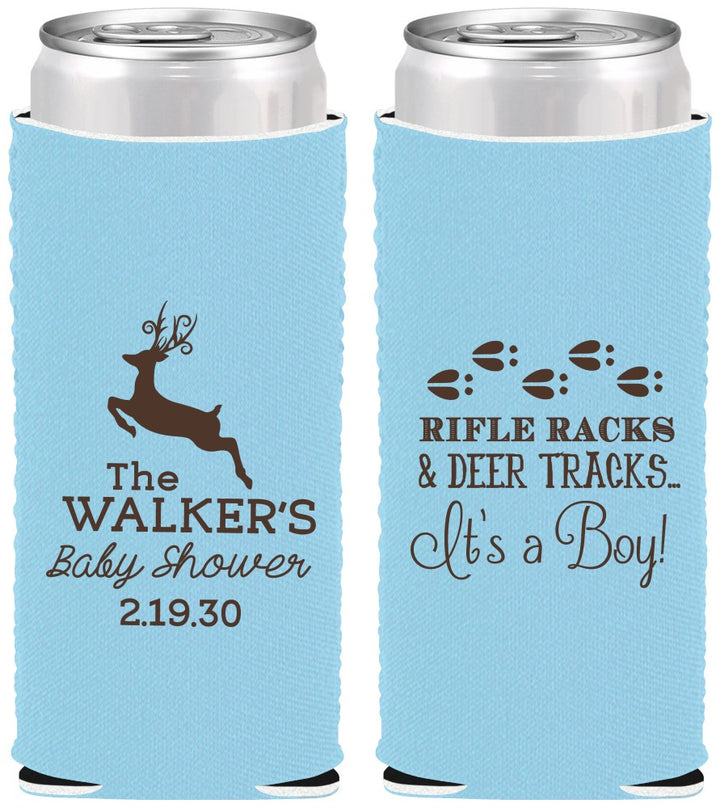 Custom Baby Shower Neoprene Slim Can Coolers - Rifle Racks Deer Tracks | 90128