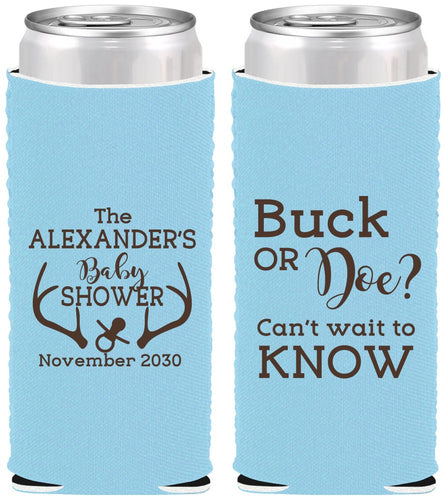 Custom Baby Shower Neoprene Slim Can Coolers - Gender Reveal Buck Or Doe | 90131