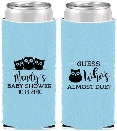 Custom Baby Shower Neoprene Slim Can Coolers - Owl Whos Almost Due | 90170