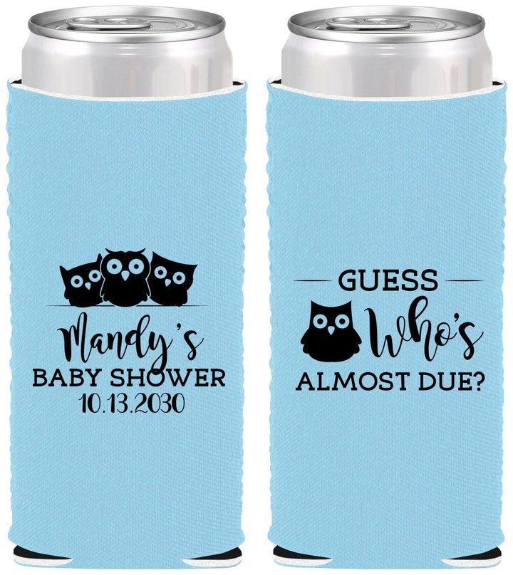 Custom Baby Shower Neoprene Slim Can Coolers - Owl Whos Almost Due | 90170