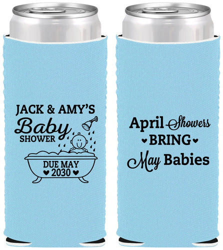 Custom Baby Shower Neoprene Slim Can Coolers - April Showers May Babies | 90181